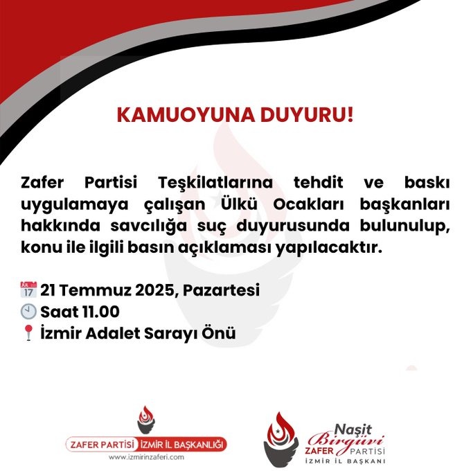ZAFER PARTİSİ İZMİR İL YÖNETİMİNDEN, ÜLKÜ OCAKLARI BAŞKANLARI HAKKINDA SUÇ DUYURUSU!…