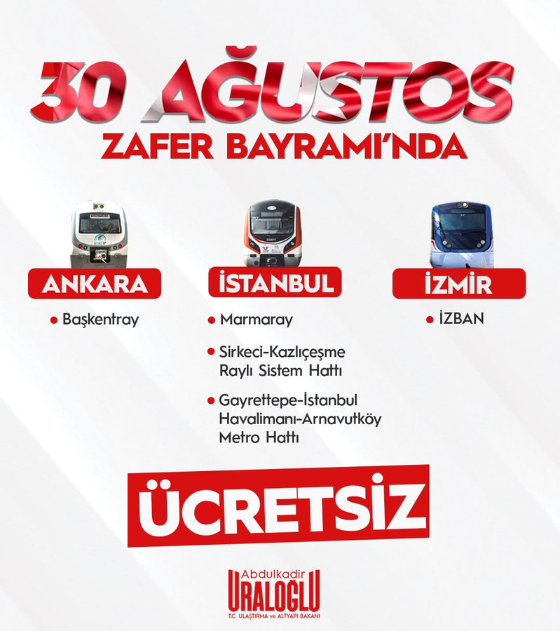 Bakan Uraloğlu Duyurdu: “30 Ağustos’ta Toplu Ulaşım Ücretsiz…”